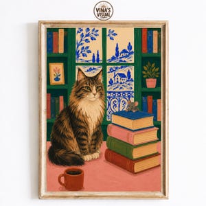 Maine Coon Cat Library Wall Art, Cozy Reading Nook Print, Whimsical Cat and Mouse Artwork, Book Lover Decor, Storybook Animal Art