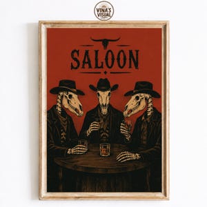 Western Skeleton Saloon Wall Art, Cowboy Skull Poster, Gothic Western Decor, Spooky Cowboy Artwork, Dark Vintage Saloon Print