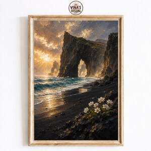 Iceland Sea Arch Wall Art, Dramatic Coastal Landscape Print, Black Sand Beach Artwork, Ocean Cliffs Decor, Scenic Nature Poster