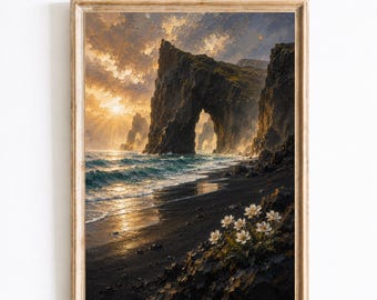 Iceland Sea Arch Wall Art, Dramatic Coastal Landscape Print, Black Sand Beach Artwork, Ocean Cliffs Decor, Scenic Nature Poster