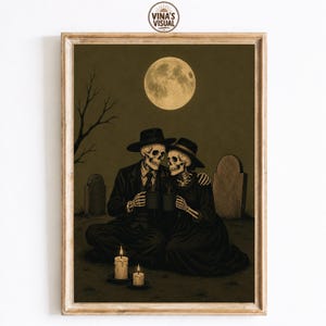 Skeleton Graveyard Wall Art, Gothic Halloween Decor, Romantic Skeleton Couple Print, Dark Cottagecore Artwork, Vintage Gothic Poster