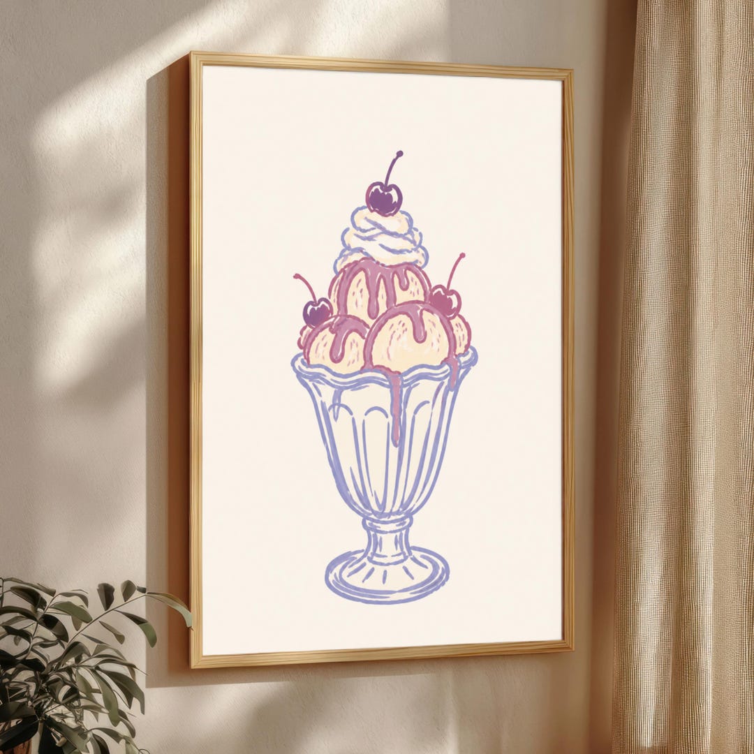 Vintage Ice Cream Sundae Print, Dessert Wall Art, Cute Kitchen Decor