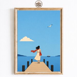 Coastal Dock Wall Art, Woman by the Sea Print, Minimalist Ocean Artwork, Mid Century Modern Coastal Decor, Serene Harbor Poster