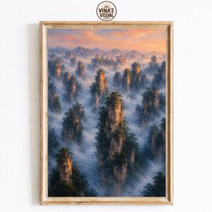 Zhangjiajie National Forest Wall Art, Avatar Mountains Print, Misty Mountain Landscape Artwork, Scenic Nature Decor, Mountain Poster
