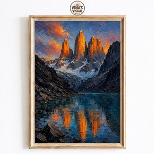 Torres del Paine Wall Art, Patagonia Mountain Landscape Print, Alpenglow Peaks Artwork, Dramatic Nature Decor, Scenic Wilderness Poster