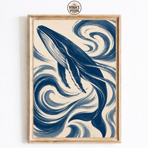 Blue Whale Wall Art, Coastal Ocean Print, Nautical Whale Artwork, Minimalist Marine Decor, Japanese Wave Poster