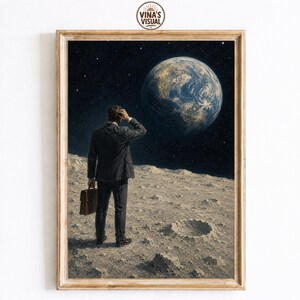 May include: A framed wall art print depicting a person in a dark suit standing on a cratered lunar surface, holding a brown briefcase. The person looks up at a large, detailed Earth suspended in a dark, starry space background. VINA'S VISUAL logo.