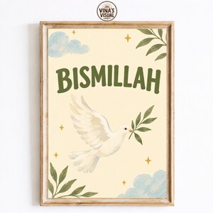 Bismillah Islamic Wall Art, Muslim Nursery Print, Islamic Kids Room Decor, Dove Peace Poster, Arabic Inspired Children's Artwork