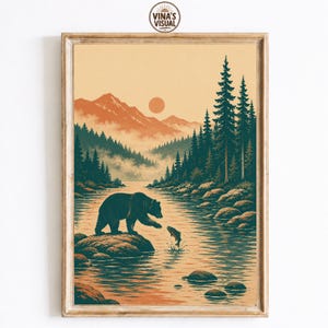Bear Fishing Wall Art, Rustic Wildlife Print, Vintage Forest Landscape Artwork, Mountain Cabin Decor, National Park Poster