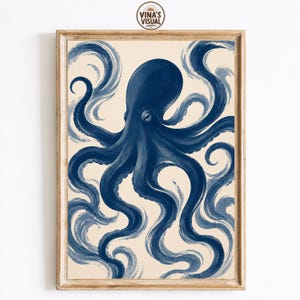 Blue Octopus Wall Art, Coastal Ocean Print, Nautical Marine Artwork, Minimalist Sea Life Decor, Japanese Wave Poster