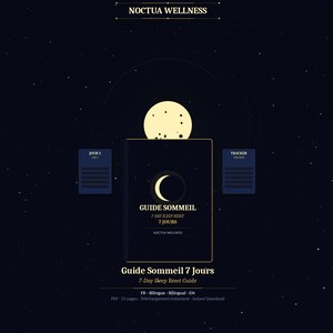 Peut inclure: Un guide numérique intitulé "Guide Sommeil 7 Jours" avec un croissant de lune. Le guide est présenté sur un fond bleu foncé étoilé, avec le texte "NOCTUA WELLNESS" en haut. Éléments supplémentaires : une lune et deux trackers rectangulaires.