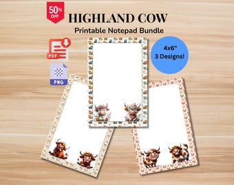 Hairy Highland Cow Printable Notepad | Cute Cow Stationery Bundle | Digital Download (PDF, PNG)