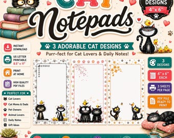 Printable Cat Lover Notepad Bundle| Quirky Black Cat Printable Memopad| Cat Stationery| Digital Download (PDF, PNG)