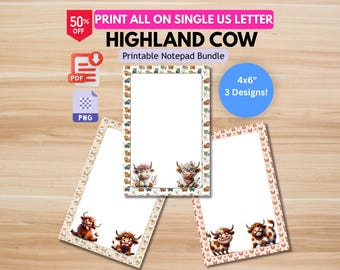 Hairy Highland Cow Notepad Bundle: 3 Designs, 4x6" Digital Download (PDF, PNG)