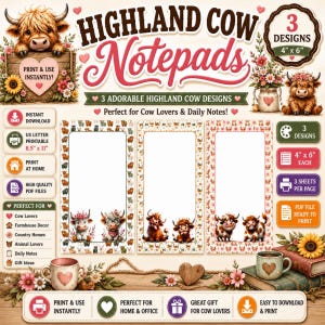 Bloc de notas imprimible con diseño de vaca escocesa peluda / Paquete de papelería con diseño de vaca adorable / Descarga digital (PDF, PNG)