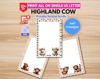 Hairy Highland Cow Printable Notepad | Cute Cow Stationery Bundle | Digital Download (PDF, PNG)