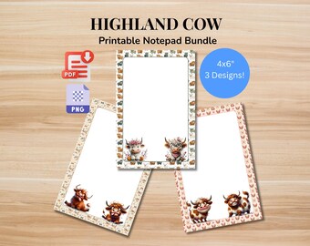 Hairy Highland Cow Printable Notepad | Cute Cow Stationery Bundle | Digital Download (PDF, PNG)