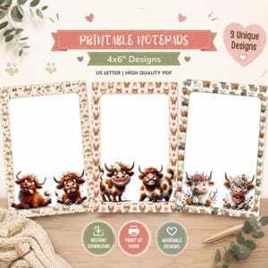 Hairy Highland Cow Printable Notepad | Cute Cow Stationery Bundle | Digital Download (PDF, PNG)