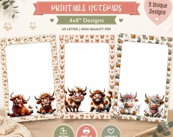 Afdrukbaar notitieblok harige hooglandkoe | Briefpapierbundel met schattige koe | Digitale download (pdf, png)