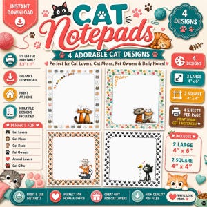 Peut inclure: Un ensemble de quatre blocs-notes sur le thème des chats avec diverses illustrations félines et des bordures d'empreintes de pattes. Les modèles imprimables incluent deux grandes feuilles de 10,16 cm sur 15,24 cm et deux feuilles carrées de 10,16 cm sur 10,16 cm.