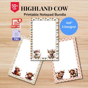 Hairy Highland Cow Printable Notepad | Cute Cow Stationery Bundle | Digital Download (PDF, PNG)