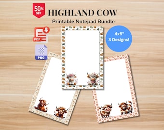 Highland Kuh druckbare Notizblock | Niedliches Kuh-Briefpapier-Set | Digitaler Download (PDF, PNG)