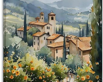 Tuscan Countryside Wall Art, Italian Village Landscape Painting, Rustic Mediterranean Canvas Print Home Decor