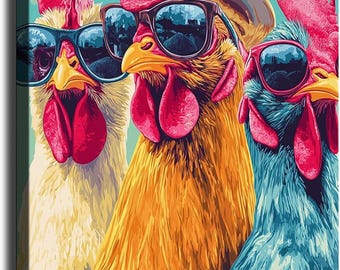 Funny Chicken Wall Art, Colorful Rooster Family Canvas Print, Farmhouse Animal Poster, Rustic Country Kitchen Decor