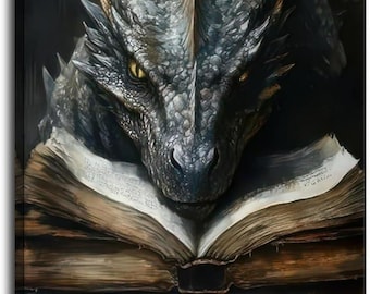 Dragon Reading Book Wall Art, Fantasy Dragon Canvas Print, Dark Academia Library Decor, Magical Book Lover Gift