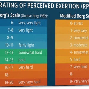 May include: A dark blue informational chart titled Rating of Perceived Exertion (RPE) displaying two columns. The left side shows Borg's Scale from 6 to 20 with color-coded intensity levels. The right side shows the Modified Borg Scale from 0 to 10.