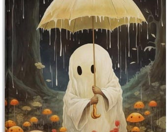 Cute Ghost Mushroom Forest Wall Art, Whimsical Cottagecore Halloween Decor, Fantasy Rainy Day Canvas Poster Print
