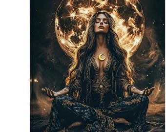 Moon Goddess Wall Art, Celestial Woman Canvas Print, Mystical Lunar Witch Decor, Boho Spiritual Meditation Poster Gift