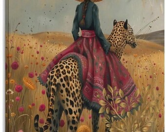 Boho Leopard Rider Wall Art, Floral Western Cowgirl Print, Vintage Cheetah Painting, Rustic Bohemian Home Decor