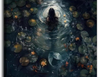 Mystical Mermaid Pond Wall Art, Dark Fantasy Water Lily Canvas Print