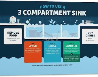3 Compartment Sink Poster, Dishwashing Procedure Chart, Food Safety Kitchen Training Wall Art Print