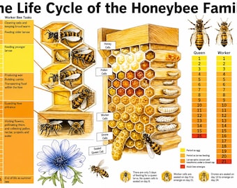 Life Cycle of the Honeybee Poster, Beekeeping Educational Chart, Science Classroom Wall Art Nature Learning Print