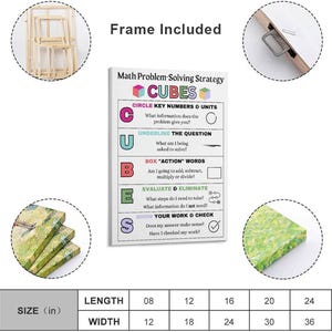 May include: A rectangular educational wall art poster titled Math Problem-Solving Strategy CUBES, featuring instructions for circle, underline, box, evaluate, and show work. It includes a wooden frame, a metal hanger, and a size chart in inches.
