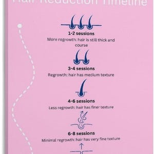 May include: A pink informational poster titled Laser Hair Removal Hair Reduction Timeline. It features five blue graphic icons showing hair follicle stages from 1-2 sessions to 8-10 sessions, with descriptive text for each stage of hair regrowth.