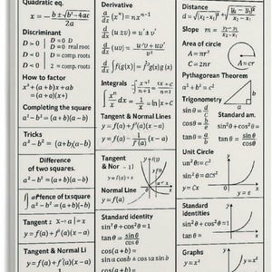 May include: A rectangular wall art print titled MATHEMATICS featuring black text and diagrams on a white background. It is organized into three columns labeled ALGEBRA, CALCULUS, and GEOMETRY, displaying various mathematical formulas and graphs.