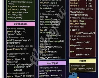 Python Cheat Sheet Poster, Programming Reference Chart, Coding Classroom Wall Art, Computer Science Educational Print
