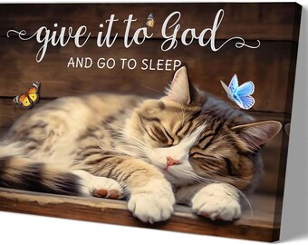 Sleeping Cat Christian Wall Art, Faith Inspired Cat Canvas Print, Rustic Farmhouse Religious Decor, Cozy Bedroom Gift
