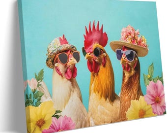 Funny Chicken Wall Art Print, Farmhouse Rooster and Hen Poster, Colorful Farm Animal Canvas Decor, Quirky Kitchen Art