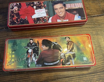 Lote de 2 latas de dulces navideños de Elvis Presley y Russell Stover