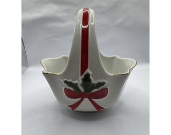 Cestino natalizio in porcellana vintage Mount Clemens Pottery con agrifoglio, 15 x 10 cm, porta caramelle.