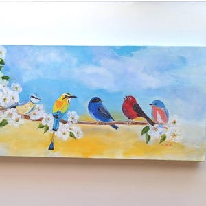 Acrylic painting on canvas; Colorful birds; Acrylic painting; Original painting