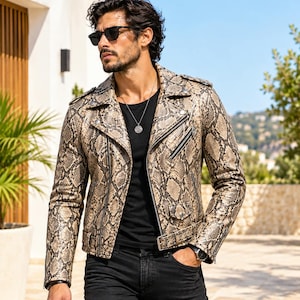 May include: A beige and black snakeskin print leather motorcycle jacket featuring a notched lapel, silver-tone metal zippers, a waist belt with a buckle, and shoulder epaulets, worn over a plain black t-shirt with a silver pendant necklace.