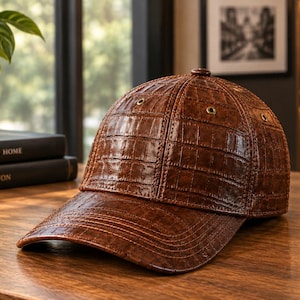 Pode incluir: Um boné de beisebol castanho com um padrão texturizado de pele de crocodilo. O boné tem uma coroa estruturada com ilhós metálicos para ventilação e uma aba curva. O material tem um acabamento brilhante com costuras visíveis nos painéis.