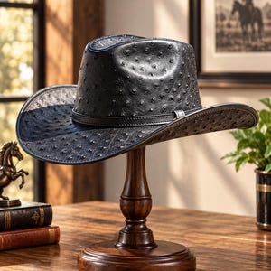 May include: A black cowboy hat featuring a textured ostrich leather pattern with a distinct quill-dot finish. The hat includes a narrow black leather band around the crown, accented with a small silver-toned metal detail on the side.