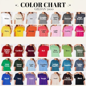 May include: A colour chart of Gildan 5000 t-shirts, showcasing a range of hues. The chart includes colours like white, black, and various shades of blue, green, and red. Each colour is labelled, for example, "Daisy" and "Maroon."