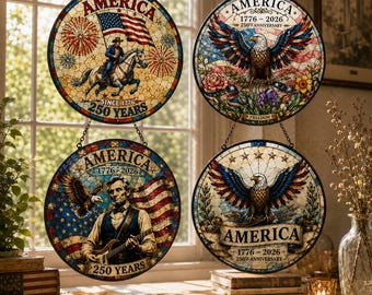 America 250th Anniversary Stained Glass Suncatcher, Patriotic Eagle Window Hanging, USA 1776-2026 Freedom Decor, Independence Day Gift